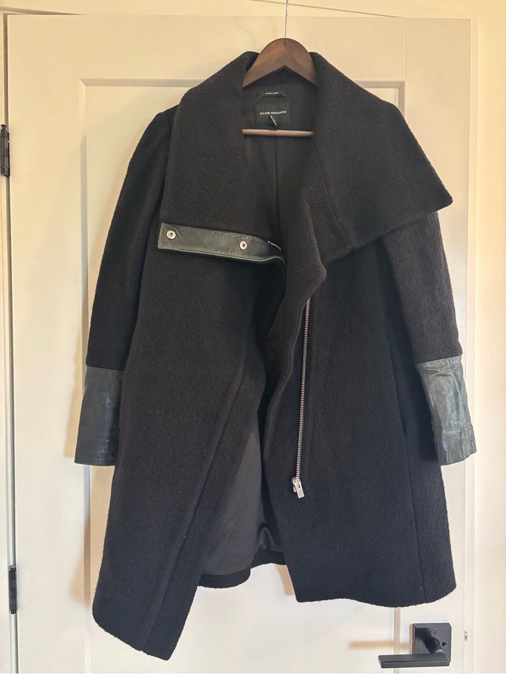 Club Monaco Black Wool-Blend Asymmetrical Trench Coat with Leather Trim